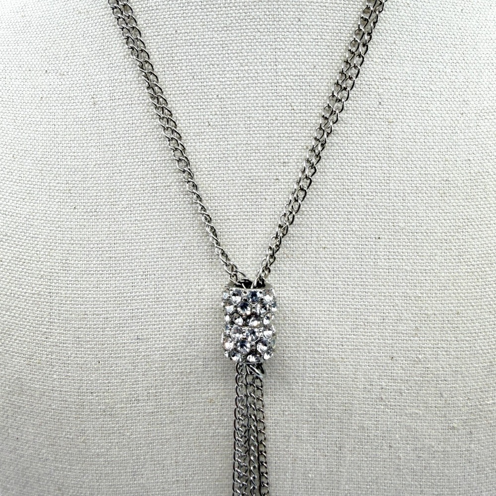 Vintage Y2K Silver Crystal Pave Bead Y-Necklace Statement Dangle